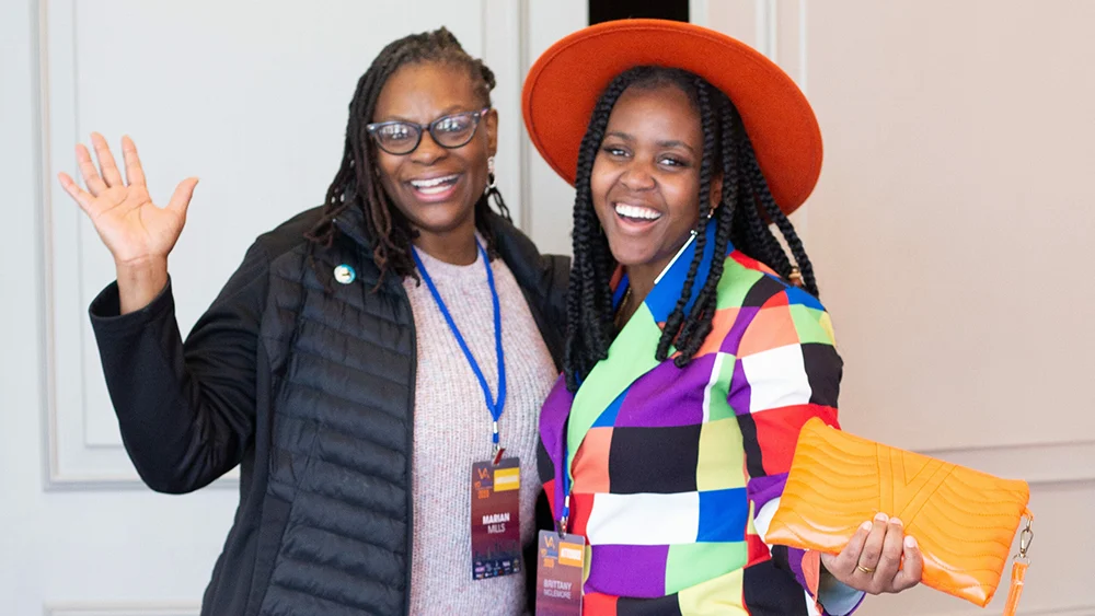 This image captures Marian Mills, a respected professional voice actress, and Dr. Brittany McLemore, representing Vocal Point (formerly GaRRS), during the VO Atlanta 2025 Conference. The event provided a unique space for advocates of accessible audio to engage with the broader voiceover industry, forging meaningful connections that advance awareness and collaboration.
