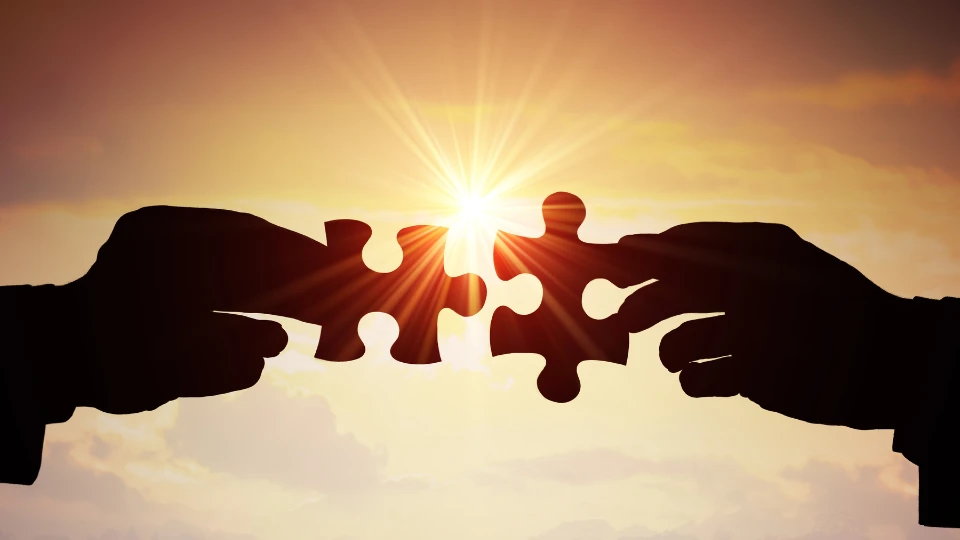 Silhouetted hands hold two interlocking puzzle pieces together against a bright sunrise.